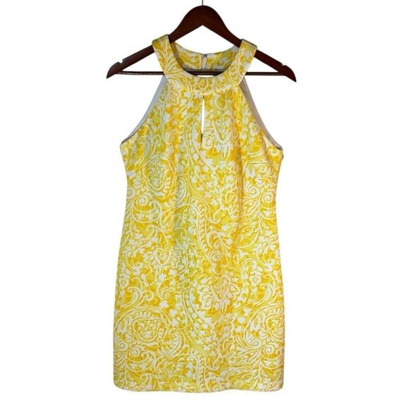 Vince Camuto Keyhole Halter Neckline Yellow Shiftdress, 10. Summer Yellow Paisle - Picture 2 of 12